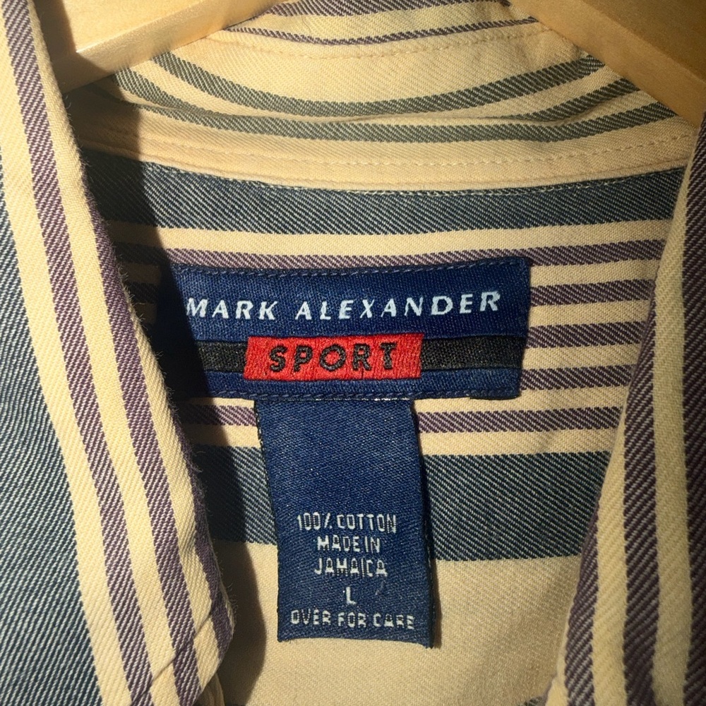 Vintage Men's Button-Down Shirt in Tan and Navy Stripe - Picture 3 of 4